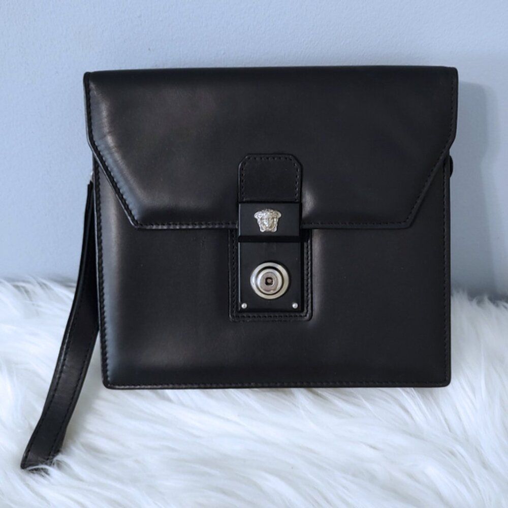 Gianni Versace vintage leather clutch silvertone hardware EUC